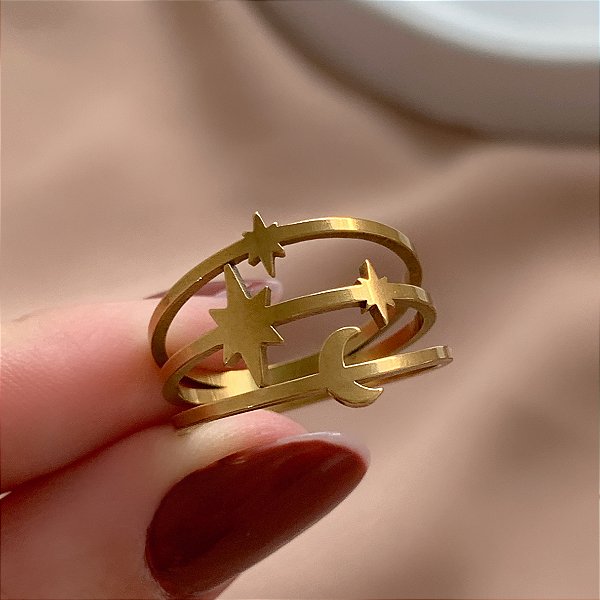 ANEL ESTRELA E LUA DOURADO AÇO 316L⭐️