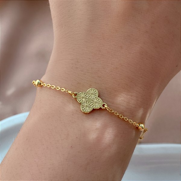 PULSEIRA CORRENTE BOLINHAS TREVO TEXTURIZADO DOURADO AÇO 316L⭐️