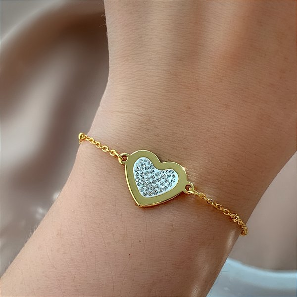 PULSEIRA CORRENTE FINA CORAÇÃO CRAVEJADO DOURADO AÇO 316L⭐️