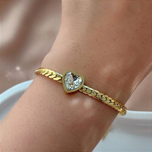 PULSEIRA CORRENTE DETALHADA COM CORAÇÃO ZIRCÔNIA DOURADO AÇO 316L⭐️
