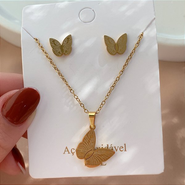 COLAR E BRINCO KIT BORBOLETA DELICADA DOURADO AÇO 316L⭐️