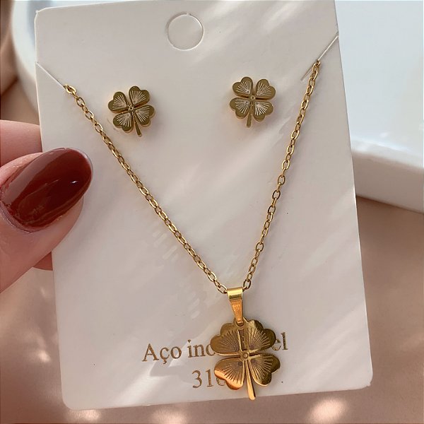 COLAR E BRINCO KIT TREVO DELICADO DOURADO AÇO 316L⭐️