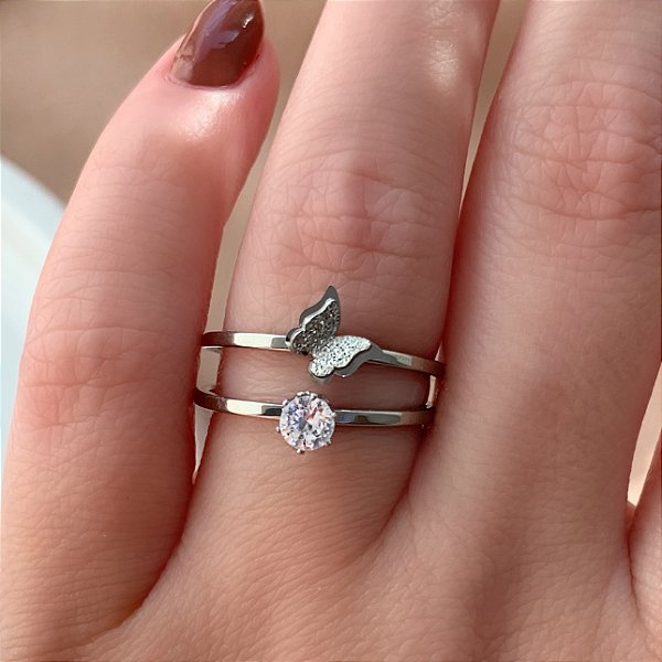 ANEL KIT SOLITÁRIO E BORBOLETINHA AÇO 316L⭐️