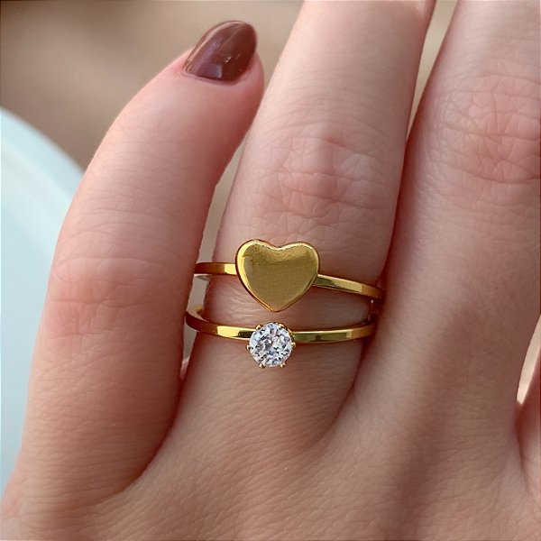 ANEL KIT SOLITÁRIO E CORAÇÃO DOURADO AÇO 316L⭐️