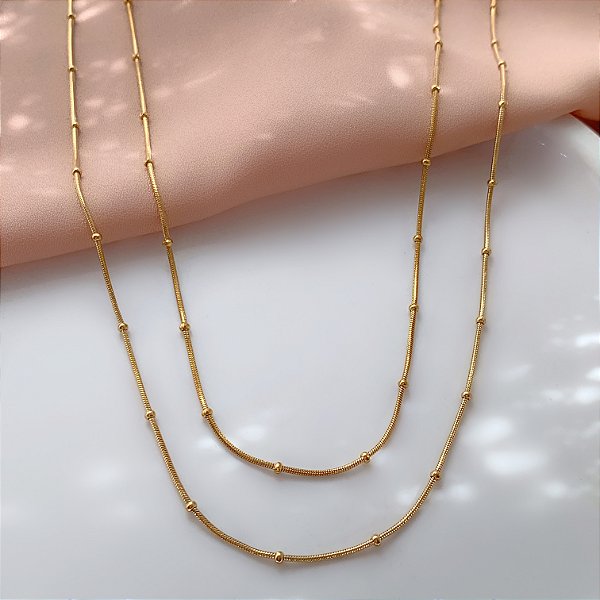 COLAR CORRENTE DUPLA FINA BOLINHAS DOURADO AÇO 316L⭐️