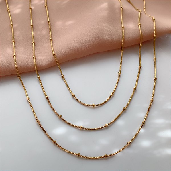 COLAR CORRENTE TRIPLA FINA BOLINHAS DOURADO AÇO 316L⭐️