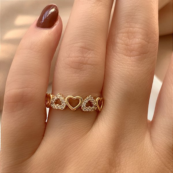 ANEL CORAÇÕES LISOS E CRAVEJADOS DOURADO BIJU