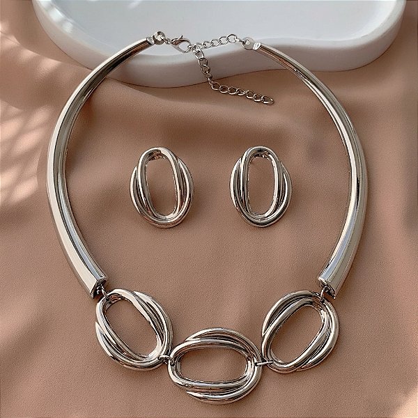 COLAR E BRINCO KIT 3 ELOS OVAIS BIJU
