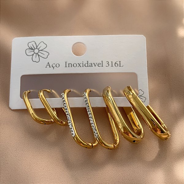 BRINCO KIT ARGOLINHAS FIO RETANGULAR LISAS E CRAVEJADAS DOURADO AÇO 316L⭐️