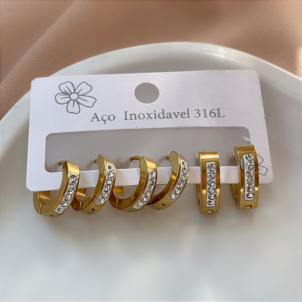 BRINCO KIT ARGOLINHAS FIO ACHATADOS CRAVEJADAS DOURADO AÇO 316L⭐️