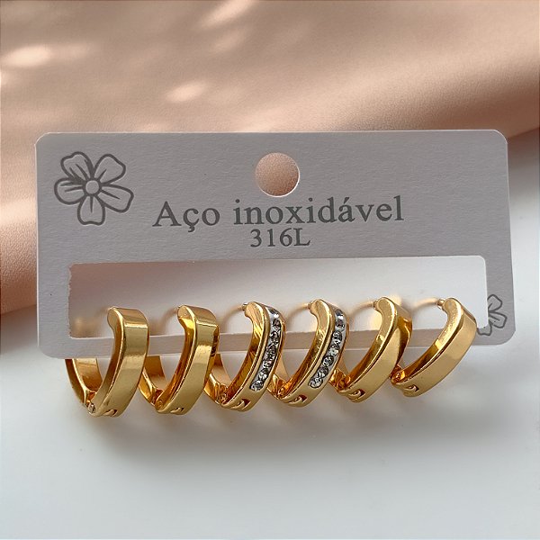 BRINCO KIT ARGOLINHAS AMENDOADAS LISAS E CRAVEJADA DOURADO AÇO 316L⭐️