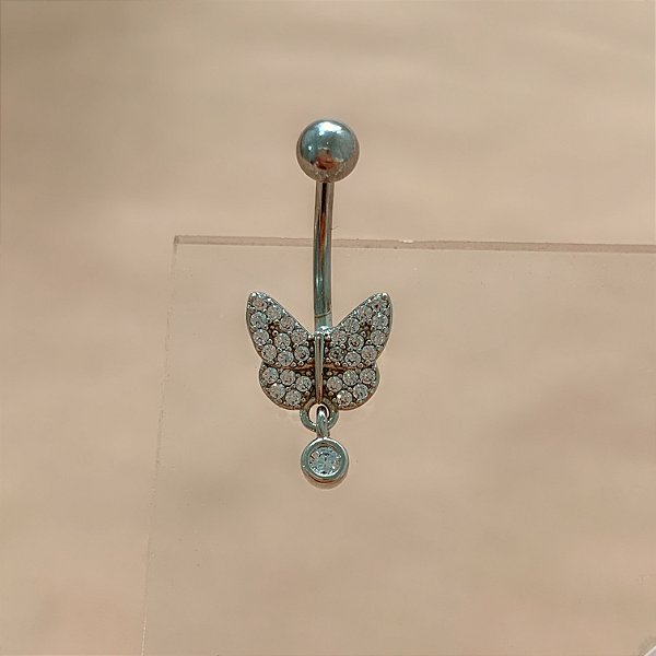 PIERCING UMBIGO BORBOLETA PINGENTE ZIRCÔNIA 10MM HASTE AÇO 316L FOLHEADO A RÓDIO SEMIJOIA PARA ATUALIZAÇÃO⭐️