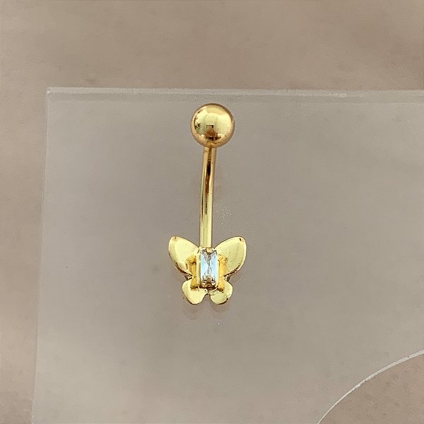 PIERCING UMBIGO BORBOLETA LISA ZIRCÔNIA RETANGULAR 10MM HASTE AÇO 316L FOLHEADO A OURO 18K SEMIJOIA PARA ATUALIZAÇÃO⭐️