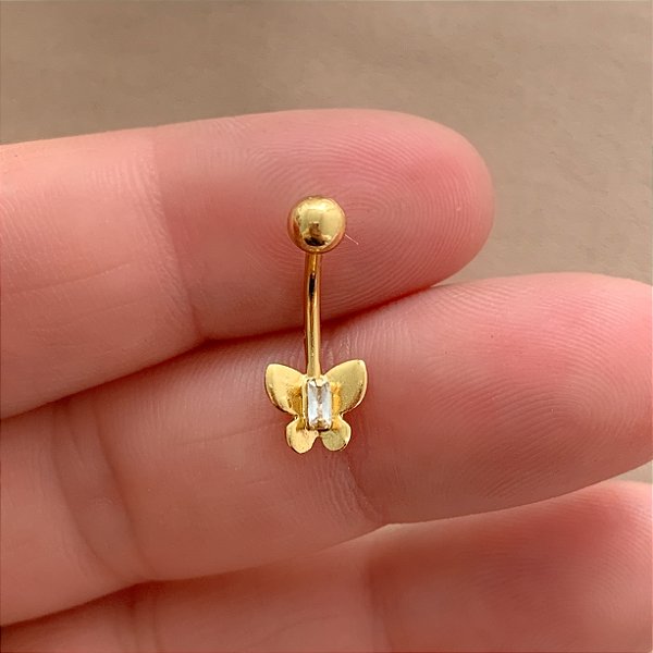 PIERCING UMBIGO BORBOLETA LISA ZIRCÔNIA RETANGULAR 10MM HASTE AÇO 316L FOLHEADO A OURO 18K SEMIJOIA PARA ATUALIZAÇÃO⭐️