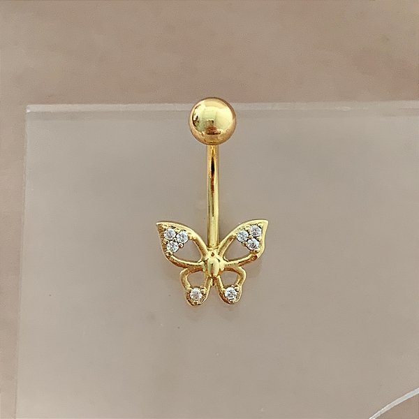 PIERCING UMBIGO BORBOLETA VAZADA DETALHES ZIRCÔNIAS 10MM HASTE AÇO 316L FOLHEADO A OURO 18K SEMIJOIA PARA ATUALIZAÇÃO⭐️