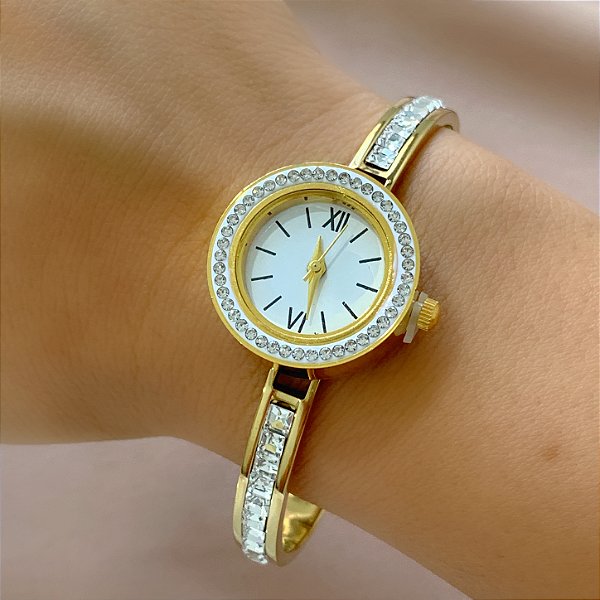 BRACELETE RELÓGIO PULSEIRA COM ZIRCÔNIAS DOURADO AÇO 316L⭐️
