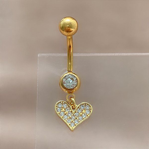 PIERCING UMBIGO PINGENTE CORAÇÃO CLÁSSICO ZIRCÔNIAS 10MM HASTE AÇO 316L FOLHEADO A OURO 18K SEMIJOIA PARA ATUALIZAÇÃO⭐️