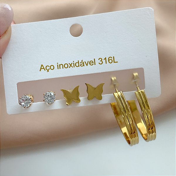 BRINCO KIT ARGOLA RISCADA E BORBOLETA DOURADO AÇO 316L⭐️