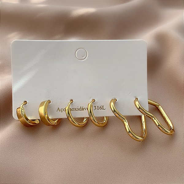 BRINCO KIT ARGOLAS CLICK FIO GROSSO CORAÇÃO DOURADO AÇO 316L⭐️
