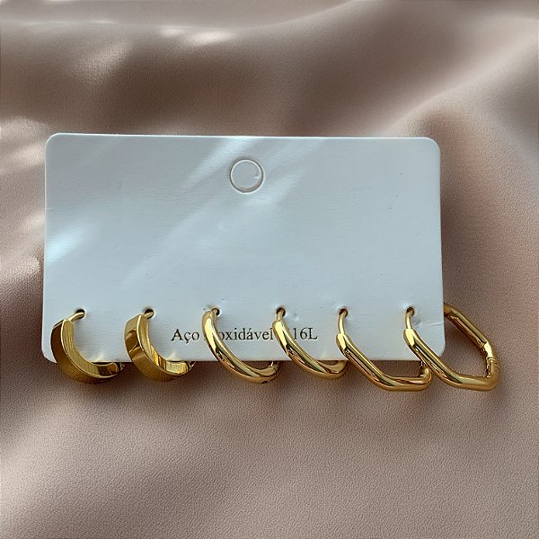 BRINCO KIT ARGOLAS CLICK FIO GROSSO HEXÁGONO DOURADO AÇO 316L⭐️