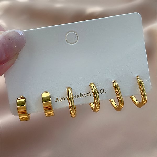 BRINCO KIT ARGOLAS CLICK FIO GROSSO HEXÁGONO DOURADO AÇO 316L⭐️
