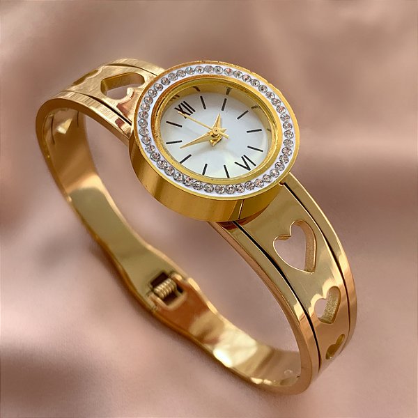 PULSEIRA / BRACELETE RELÓGIO CORAÇÃO VAZADO DOURADO AÇO 316L⭐️