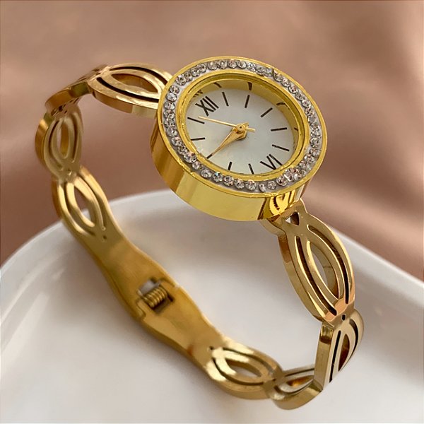 BRACELETE RELÓGIO FIOS CRUZADOS VAZADO DOURADO AÇO 316L⭐️