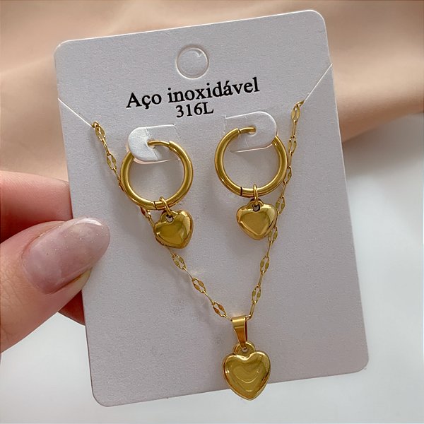 COLAR E BRINCO CORAÇÃO BOLEADO P LISO DOURADO AÇO 316L⭐️