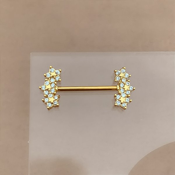 PIERCING MAMILO / ÍNTIMO RETO FLORZINHAS ZIRCÔNIAS 14MM AÇO 316L FOLHEADO A OURO 18K PARA ATUALIZAÇÃO⭐️