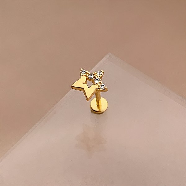 PIERCING TRÁGUS / CARTILAGEM ESTRELA METADE LISA E METADE ZIRCÔNIAS 6MM HASTE AÇO 316L FOLHEADO A OURO 18K SEMIJOIA PARA ATUALIZAÇÃO⭐️