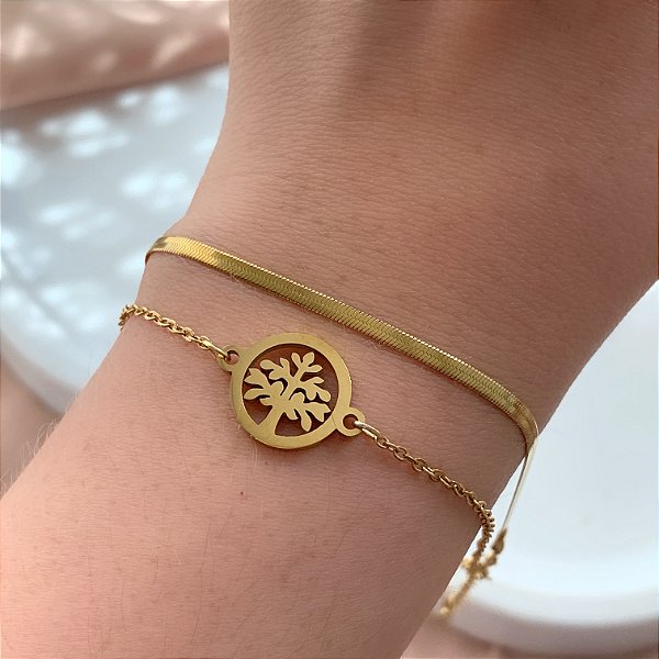 PULSEIRA CORRENTE DUPLA FITA FINA E ÁRVORE DA VIDA DOURADO AÇO 316L⭐️