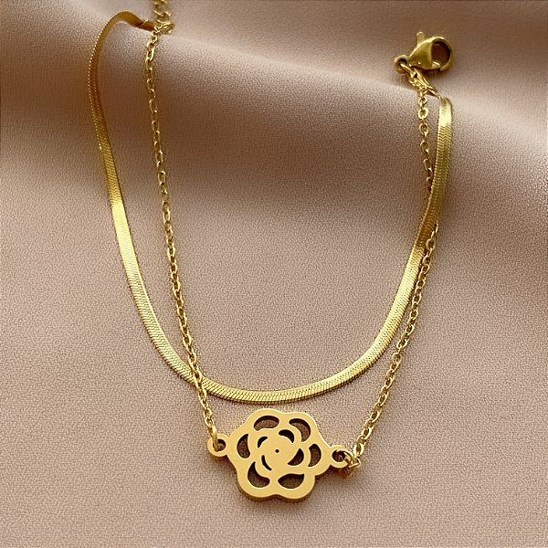 PULSEIRA CORRENTE DUPLA FITA FINA E FLOR ROSA LISA DOURADO AÇO 316L⭐️