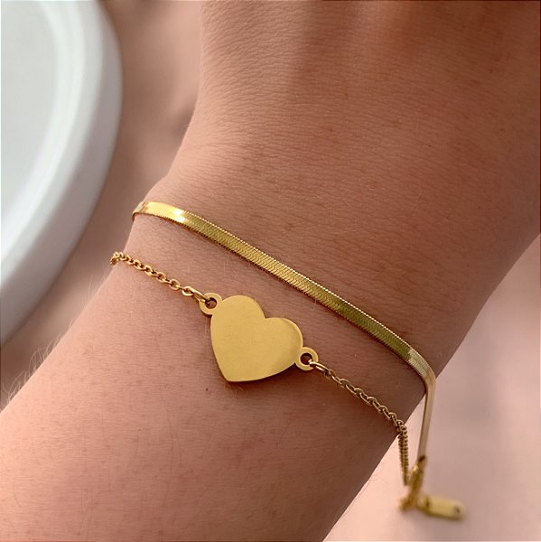 PULSEIRA CORRENTE DUPLA FITA FINA E CORAÇÃO LISO DOURADO AÇO 316L⭐️