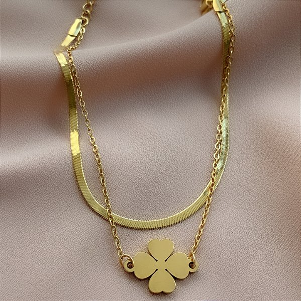 PULSEIRA CORRENTE DUPLA FITA FINA E TREVO LISO DOURADO AÇO 316L⭐️