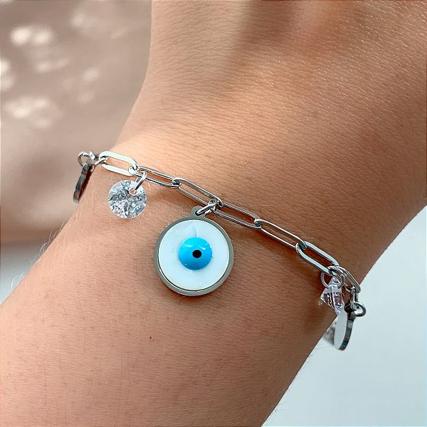 PULSEIRA CORRENTE PINGENTES PLAQUINHA, OLHO GREGO E CRISTAL AÇO 316L⭐️
