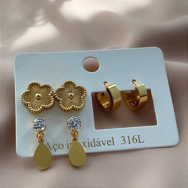 BRINCO KIT TREVO, ARGOLINHA E GOTA COM ZIRCÔNIA DOURADO AÇO 316L⭐️