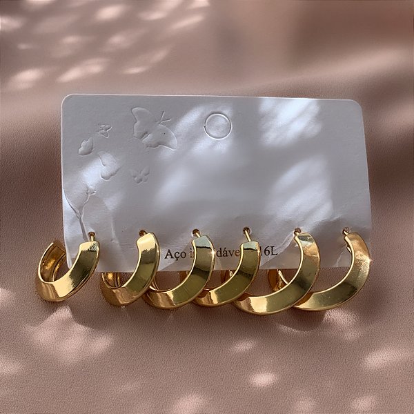 BRINCO KIT ARGOLINHAS LISAS LATERAIS ACHATADAS DOURADO AÇO 316L⭐️