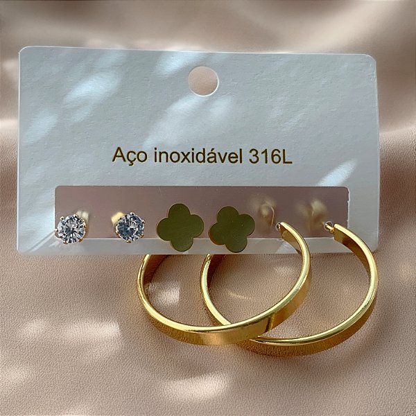 BRINCO KIT ARGOLA, TREVO LISO E ZIRCÔNIA DOURADO AÇO 316L⭐️