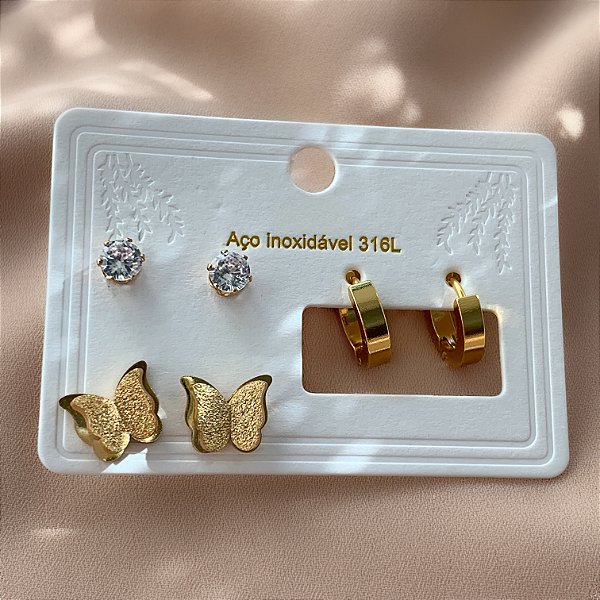 BRINCO KIT ARGOLINHA, BORBOLETA TEXTURIZADA E PONTO DE LUZ DOURADO AÇO 316L⭐️