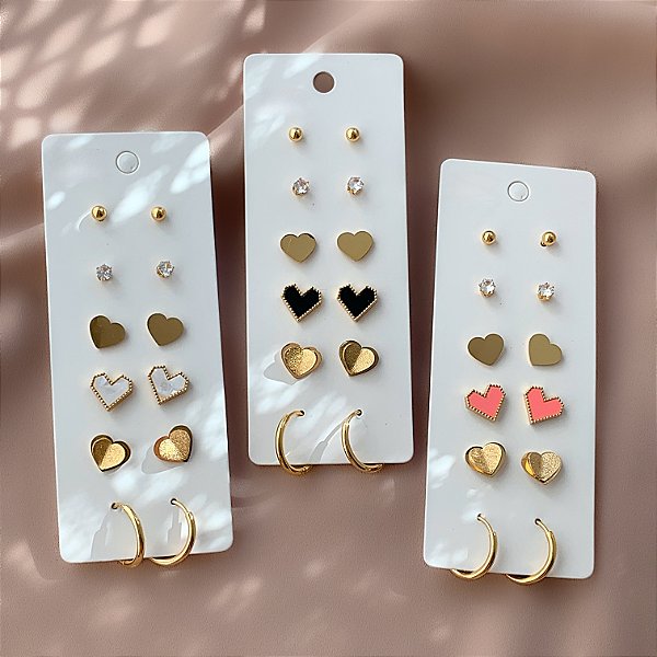 BRINCO KIT DIVERSOS CORAÇÕES, ARGOLINHA, BOLINHA E ZIRCÔNIA DOURADO AÇO 316L⭐️