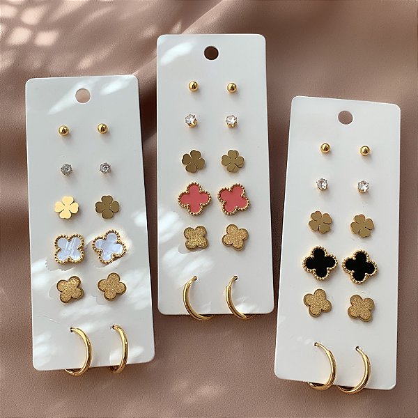 BRINCO DIVERSOS TREVOS, ARGOLINHA, BOLINHA E ZIRCÔNIA DOURADO AÇO 316L⭐️