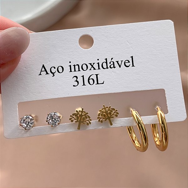 BRINCO KIT 3 PARES ÁRVORE DA VIDA E ARGOLA DOURADO AÇO 316L⭐️
