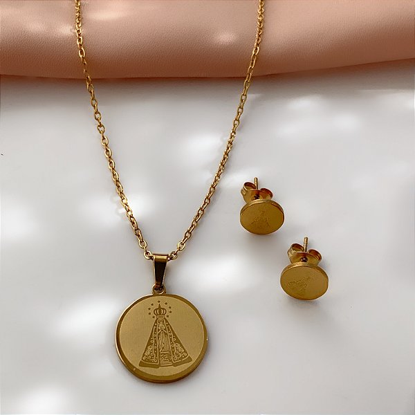 COLAR E BRINCO MEDALHA NOSSA SENHORA DOURADO AÇO 316L⭐️
