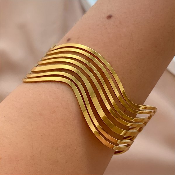 PULSEIRA/BRACELETE LARGO FIOS ONDULADOS DOURADO AÇO 316L⭐️
