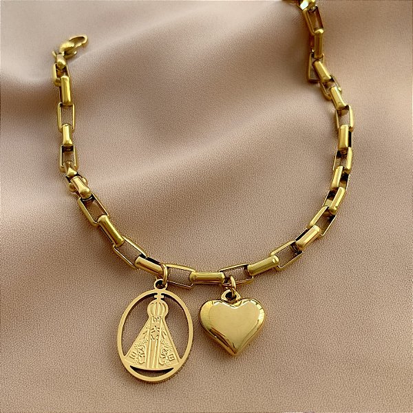 PULSEIRA CORRENTE PINGENTES CORAÇÃO E NOSSA SENHORA DOURADO AÇO 316L⭐️