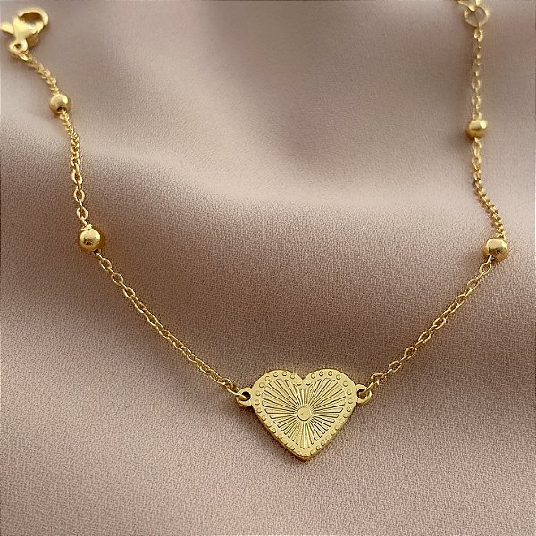 PULSEIRA DELICADA BOLINHAS PINGENTE CORAÇÃO DOURADO AÇO 316L⭐️