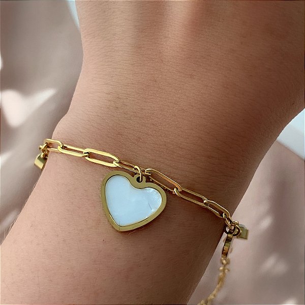 PULSEIRA CORRENTE PINGENTES CORAÇÕES LISO E MADREPÉROLA DOURADO AÇO 316L⭐️