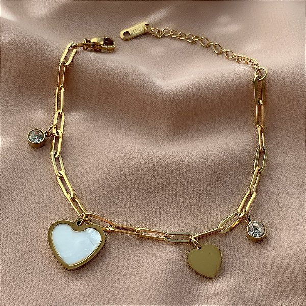 PULSEIRA CORRENTE PINGENTES CORAÇÕES LISO E MADREPÉROLA DOURADO AÇO 316L⭐️