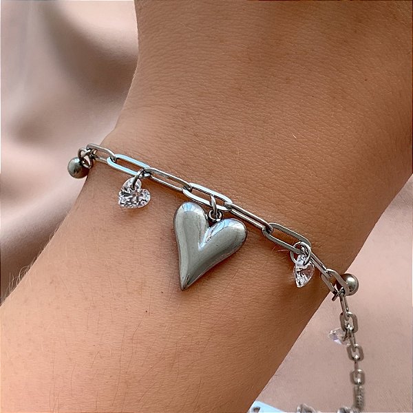 PULSEIRA CORRENTE PINGENTES CRISTAIS E CORAÇÃO LISO AÇO 316L⭐️