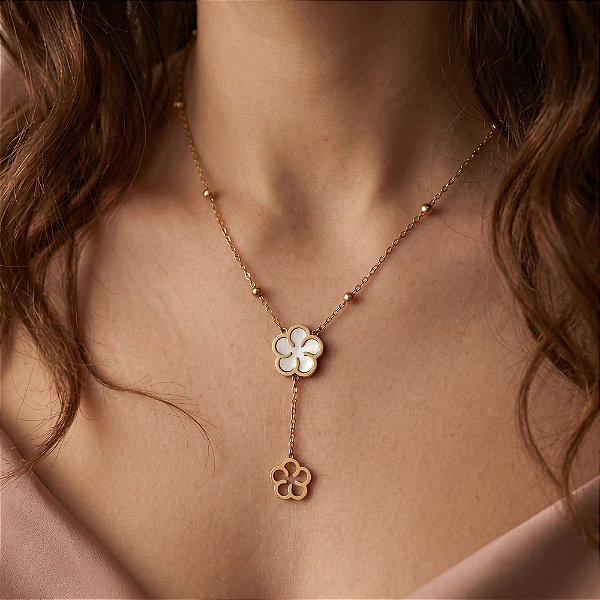 COLAR GRAVATINHA CORRENTE BOLINHAS FLOR MADREPÉROLA DOURADO AÇO 316L⭐️